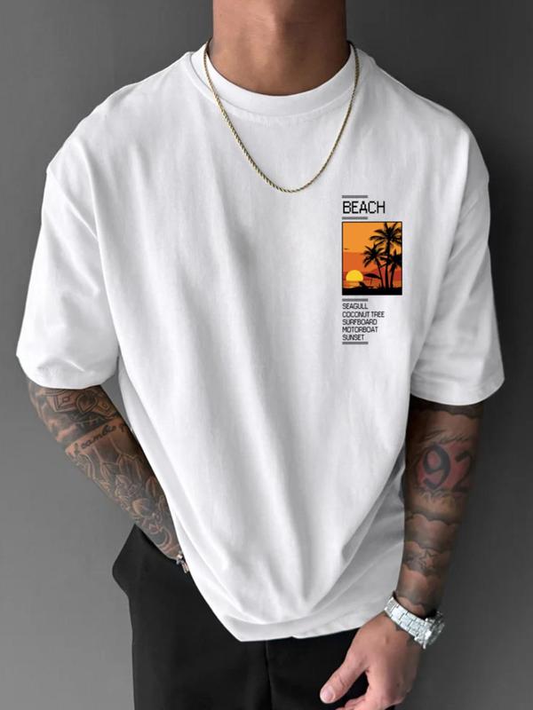 Men's Landscape & Letter Print Drop Shoulder GraphicÃ‚Â Tee, Regular Fit Casual Short Sleeve Round Neck T-shirt, Fashion Men's Summer Top for Daily Wear