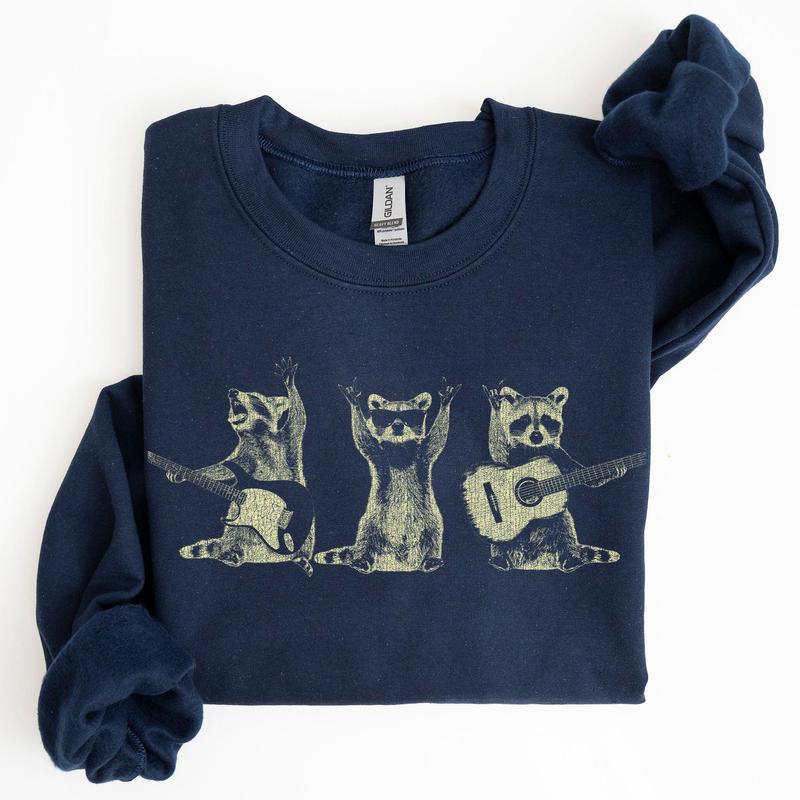 Raccoon Band, Playing Guitar, Funny Animals Sweatshirt, Crew Neck, Crewneck, Soft Unisex Graphic Casual Casual Comfort Womenswear ComfortableÃ‚Â Graphic