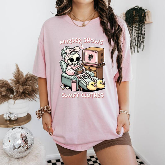 Murder Shows & Comfy Clothes Shirt Sweatshirt Hoodie - Cozy Graphic Pullover, Perfect for True Crime Fans, Casual Lounge Wear, Sarcastic Humor Shirts,