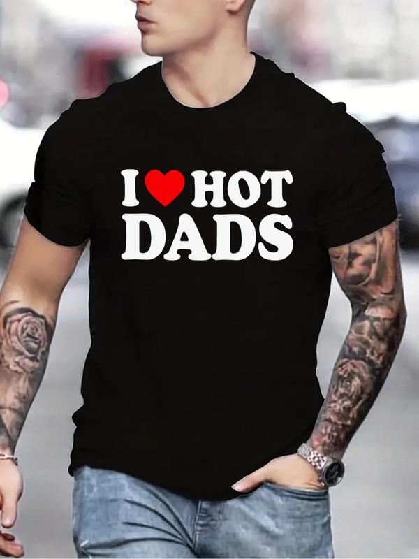 Men's Heart & Letter Print Round Neck Tee, Casual Summer Short Sleeve T-shirt, Streetwear Regular Fit, MenÃ¢â‚¬â„¢s Graphic Daily Staple Wear