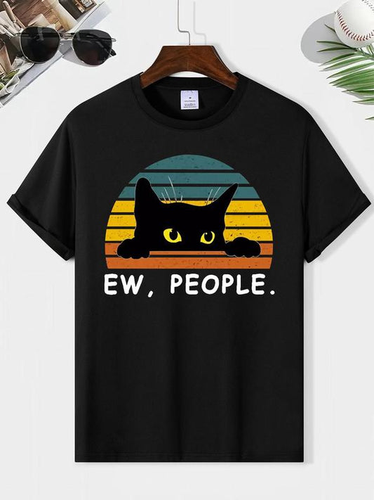 Men's Cartoon Cat & Letter Print Tee, Casual Summer Graphic T-shirt, Comfortable Regular Fit Short Sleeve Round Neck, Perfect for Daily Wear