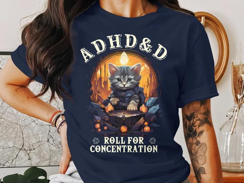 ADHD&D Roll for Concentration Sweatshirt,  ADHD&D Cat Shirt, Dungeons and Dragons Dnd T-shirt, DnD Vintage Tee, ADHD Unisex shirt, DnD Shirt, RPG Gift