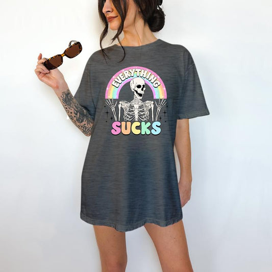 Everything Sucks - T-Shirt, Happy Skeleton, Bright Graphic, Funny Apparel