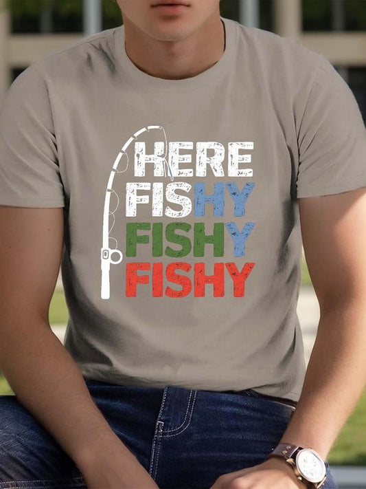 Men's Fishing Rod & Letter Print Round Neck Tee, Regular Fit Casual Graphic Short Sleeve T-shirt, Men's Top for Summer Daily Wear