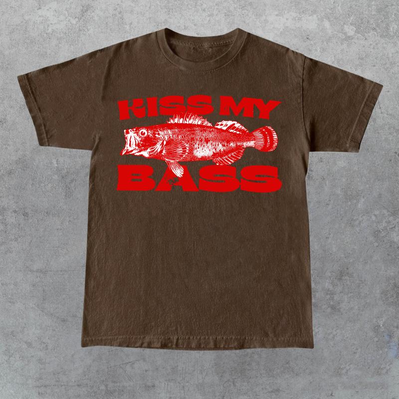 Kiss My Bass Vintage Style Fishing T-Shirt, Retro Fisher T Shirt, Fisher Gear, Fisher Graphic Shirt, Adult Unisex Relaxed Cotton Shirt - Red Design Li