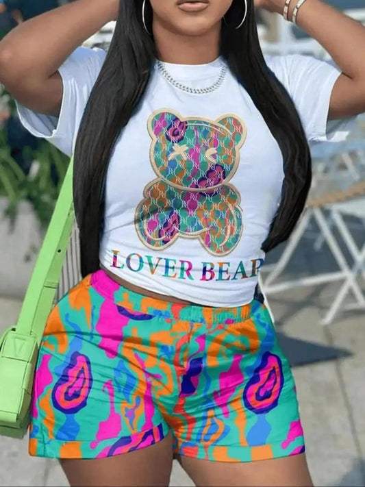 Women's Cartoon Bear Graphic Print Round Neck Tee, Fashion Casual Short Sleeve T-Shirt for Summer, Graphic Tees,Ã‚Â Women's Top for Daily Wear