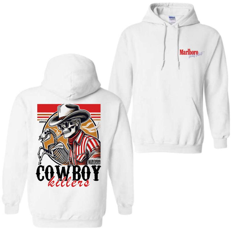 MarlBoro Cowboy Killer Vintage American Double Sided Hoodie and Crewneck T-Shirt Set - Unisex Sweatshirt - Comfort, Cotton - Classic