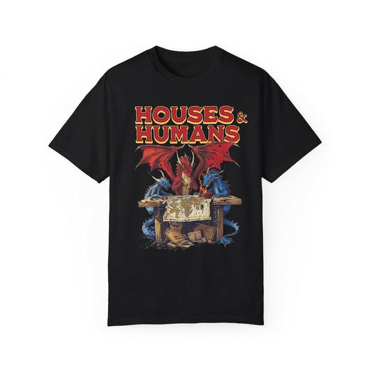 Houses and Humans D&D Shirt - Funny Dungeons and Dragons Gift Tee, Vintage Retro 90s Joke D and D T-Shirt Menswear Top
