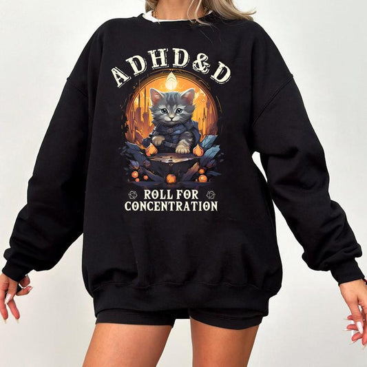 ADHD&D Roll for Concentration Sweatshirt,  ADHD&D Cat Shirt, Dungeons and Dragons Dnd T-shirt, DnD Vintage Tee, ADHD Unisex shirt, DnD Shirt, RPG Gift