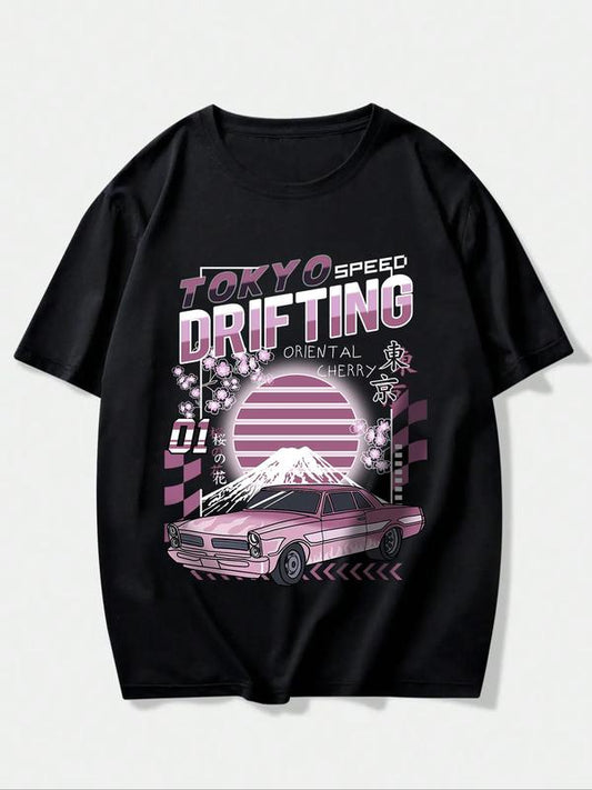 Men's Letter & Car Print Round Neck Tee,Ã‚Â Summer Clothes, Casual Regular Fit Short Sleeve Crew Neck Graphic T-Shirt for Summer, Men's Top for Casual We