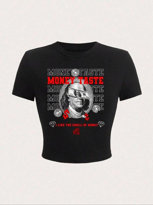 Women's Vintage Figure & Letter Print Round Neck Crop Tee, Casual Short Sleeve Crew Neck T-Shirt for Summer, Fashion Women's Top for Daily Wear