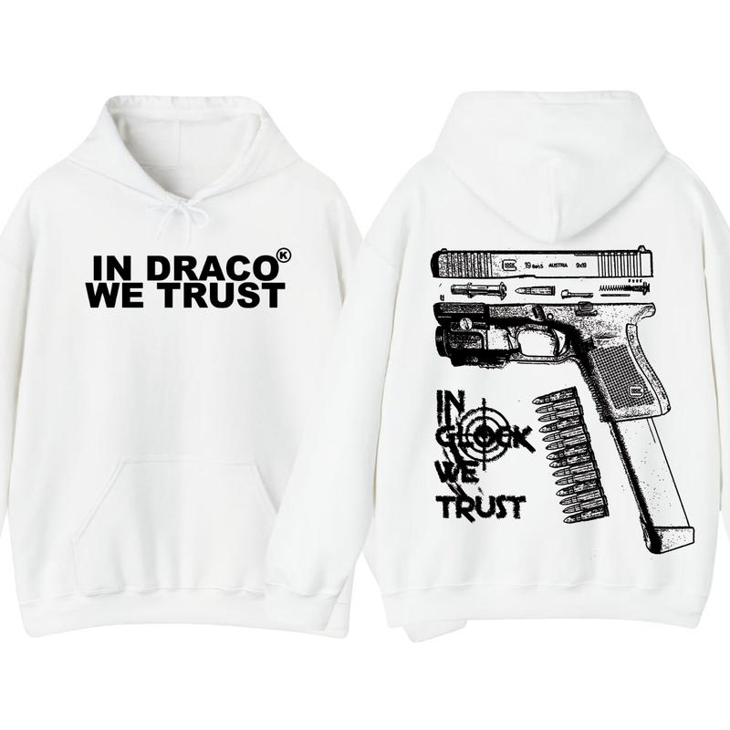 IN DRACO WE TRUST Glock Hoodie - Men's & Women's Classic Fit Long Sleeve Hoodie with Full Color Graphic Design, Embroidered Text, and Adjustable Hood