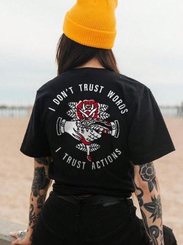 Women's Floral & Hand Print Round Neck Tee, Street Letter Graphic Short Sleeve T-shirt, Ladies Summer Clothes for Daily Outdoor Wear