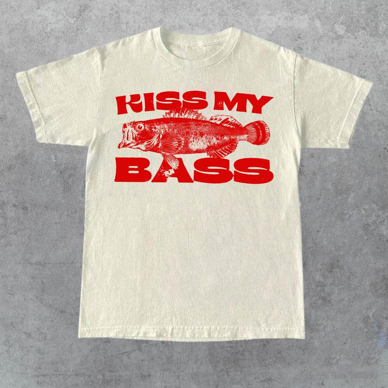 Kiss My Bass Vintage Style Fishing T-Shirt, Retro Fisher T Shirt, Fisher Gear, Fisher Graphic Shirt, Adult Unisex Relaxed Cotton Shirt - Red Design Li