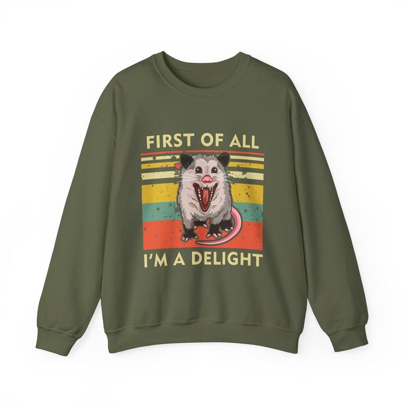 First Of All, I'm A Delight Sweatshirt Ã¢â‚¬â€œ Hilarious Opossum Graphic, Cute & Quirky Animal Sweatshirt, Perfect for Animal Lovers, Sarcastic Self-Love Gi