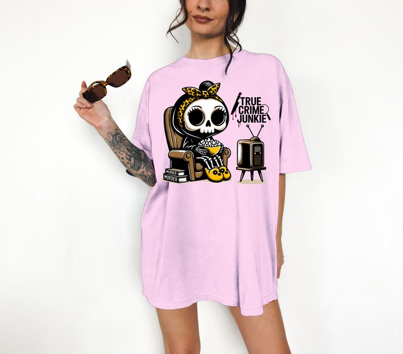 True Crime Junkie - T-Shirt, Cute Skeleton, Bright Graphic, Funny Apparel, Gift Idea, Relaxed Fit, Casual Apparel, Cute Top, Great with Jeans, All Sea