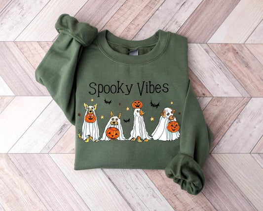 Halloween Ghost Dog Shirt - Sweatshirt - Hoodie, Happy Retro Spooky Vibes Season Graphic Tee, Retro Halloween Shirt, Full Color, For Men, For Women, C