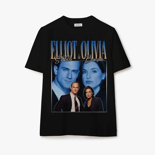 Elliot Stabler and Olivia Benson Vintage 90s Tee - Law and Order SVU Couple T-shirt - Sweatshirt - Hoodie Classic Collar casual tee