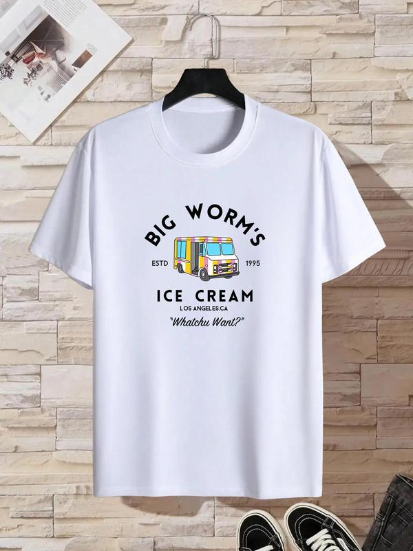 Summer Clothes, Men's Cartoon & Letter Print Round Neck Tee, Regular Fit Casual Soft Slogan Graphic Short Sleeve T-shirt for Summer,  T Shirts for Men