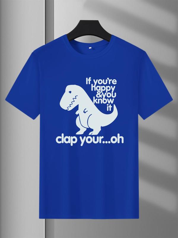 Men's Regular Fit Dinosaur & Letter Print Round Neck Tee, Summer Clothes, Casual Soft Comfy Graphic Short Sleeve T-shirt for Summer, Slogan Tees, Men'