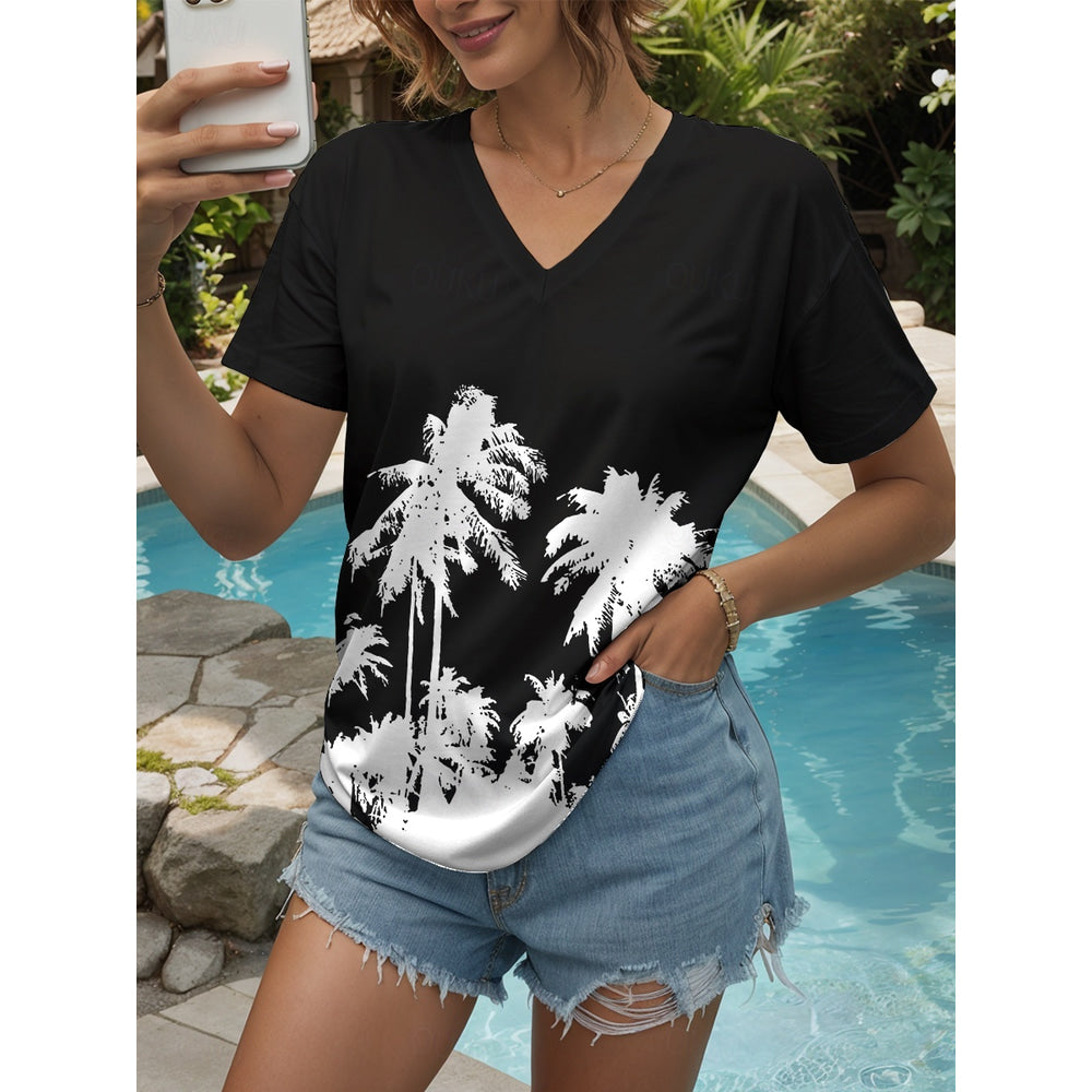 Women's T Shirt Graphic Plants Vintage Stylish Classic Short Sleeve V Neck Regular Tops Daily Going out Weekend Print Black White Summer Spring