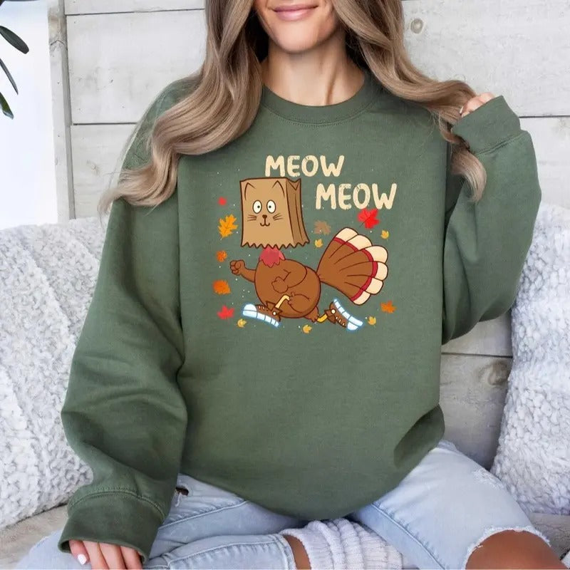 eow Meow Funny Turkey Thanksgiving Sweatshirt, Thanksgiving Turkey Sweater Unisex T-Shirts, Hoodie | HypeCrazeTee.com