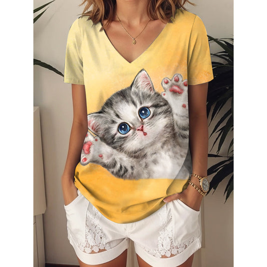 Kayomi Harai Women's T Shirt Graphic Animal Cat Tropical Hawaiian Stylish Short Sleeve V Neck Regular Tops Daily Print Yellow Blue Green Summer Spring