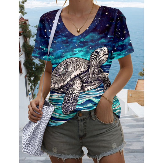 Women's T Shirt Graphic Animal Stylish Casual Short Sleeve V Neck Regular Tops Daily Print Blue Summer Spring