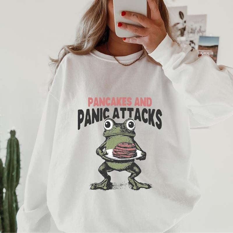 funny sweatshirts Pancakes and Panic Attacks Frog Sweatshirt ~ Unisex Apparel Relaxed Fit Printed in the USA Clothing...