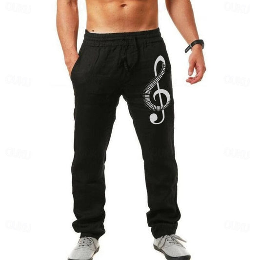 Men's Summer Pants Elastic Waist Graphic Prints Musical Instrument Comfort Full Length Outdoor Streetwear Vacation Hawaiian Black White Micro-elastic