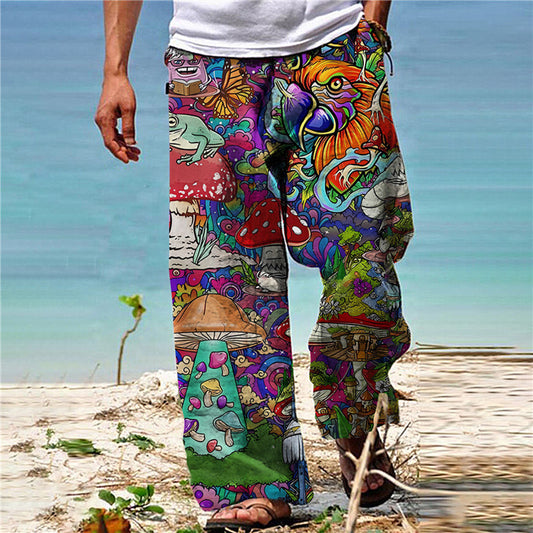 Men's Trousers Summer Pants Beach Pants Drawstring Elastic Waist 3D Print Graphic Prints Mushroom Comfort Casual Daily Holiday Cotton Blend Streetwear Hawaiian Red Purple