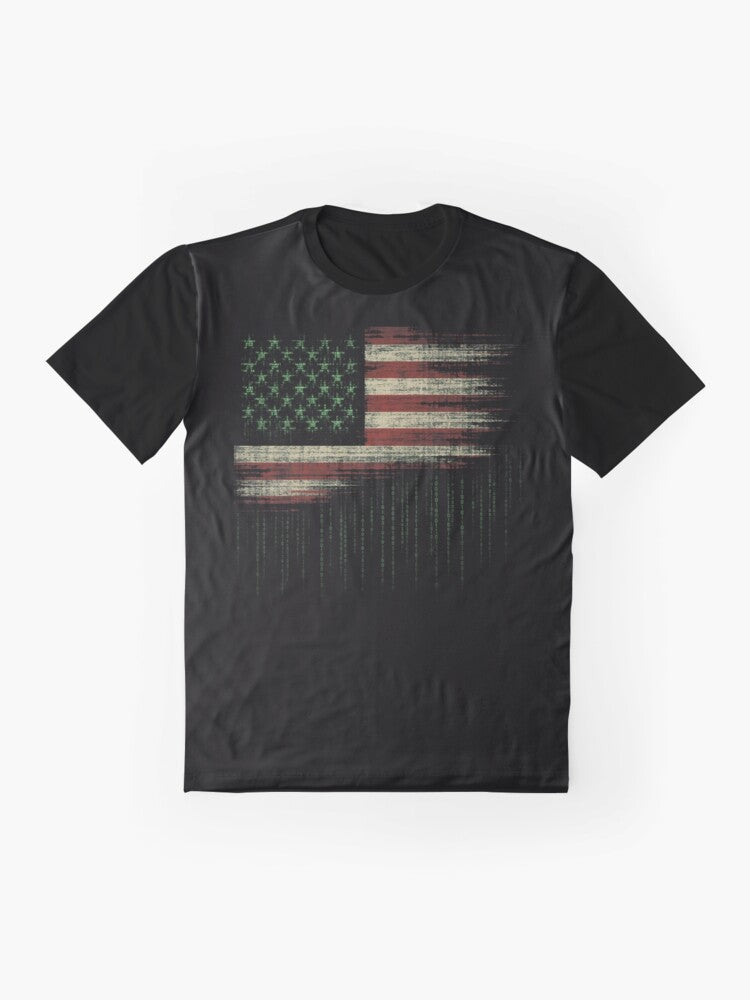 US flag with binary code. With Glitch Hacking Effect – Distorted Digital Art Graphic T-Shirt