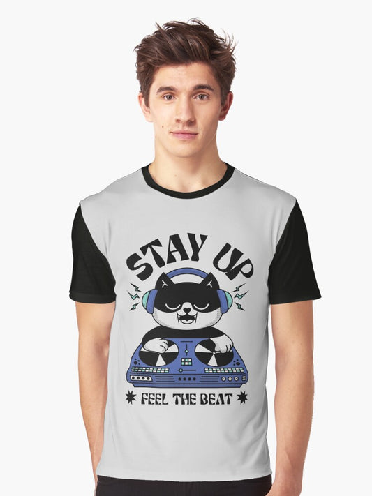 Disk Jockey Cat - Feel The Beat - Musical - Humor Graphic T-Shirt