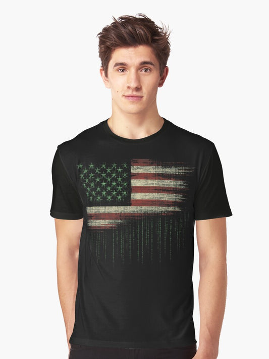 US flag with binary code. With Glitch Hacking Effect – Distorted Digital Art Graphic T-Shirt