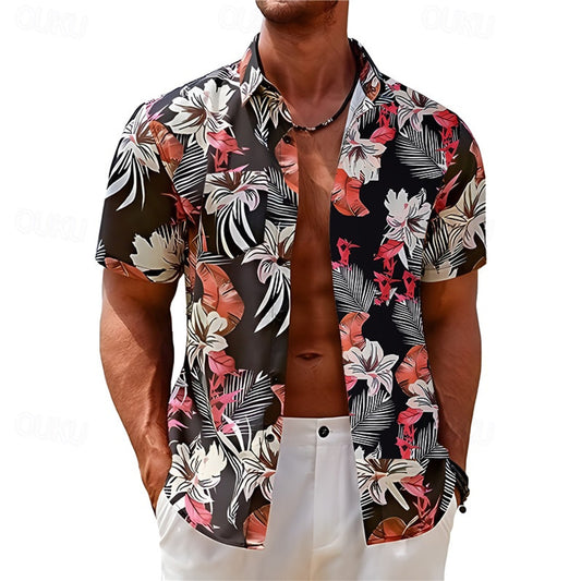 Men's Floral Graphic Prints Shirt Summer Hawaiian Shirt Short Sleeves Shirt Turndown Outdoor Street Black Yellow Red Navy Blue Royal Blue Print Clothing Apparel Fashion Designer Casual Soft