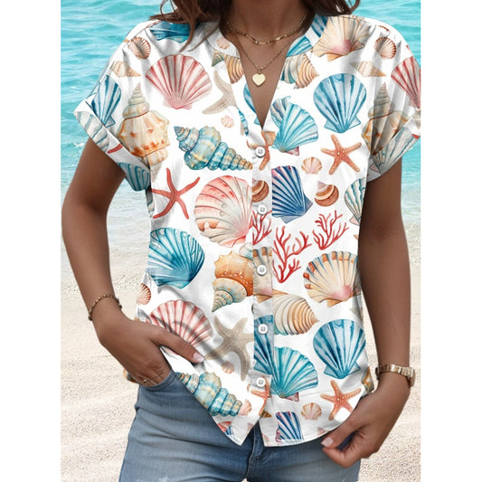 Women's Shirt Hawaiian Beach Graphic Regular Tops Short Sleeve Shirt Collar Buttons Print Form Fit Vacation Daily White Summer Holiday Clothes Beach Wear