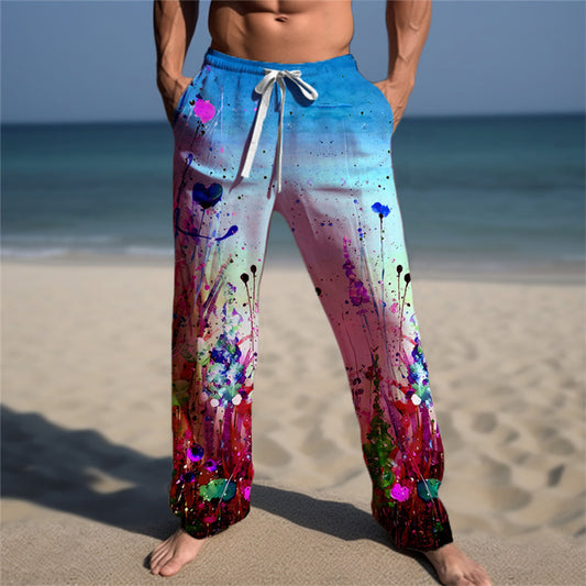 Men's Trousers Summer Pants Beach Pants Drawstring Elastic Waist 3D Print Graphic Prints Flower / Floral Comfort Casual Daily Holiday Streetwear Hawaiian Blue Purple