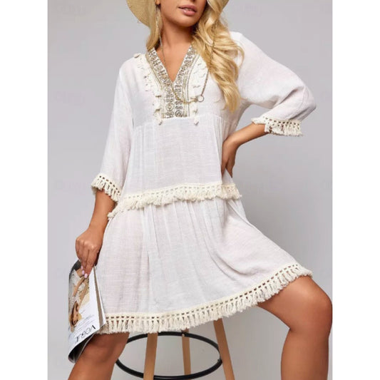 Women's Normal Midi Dress Sundress Hawaiian Ethnic Daily Beach Regular Fit Graphic 3/4 Length Sleeve V Neck White Summer