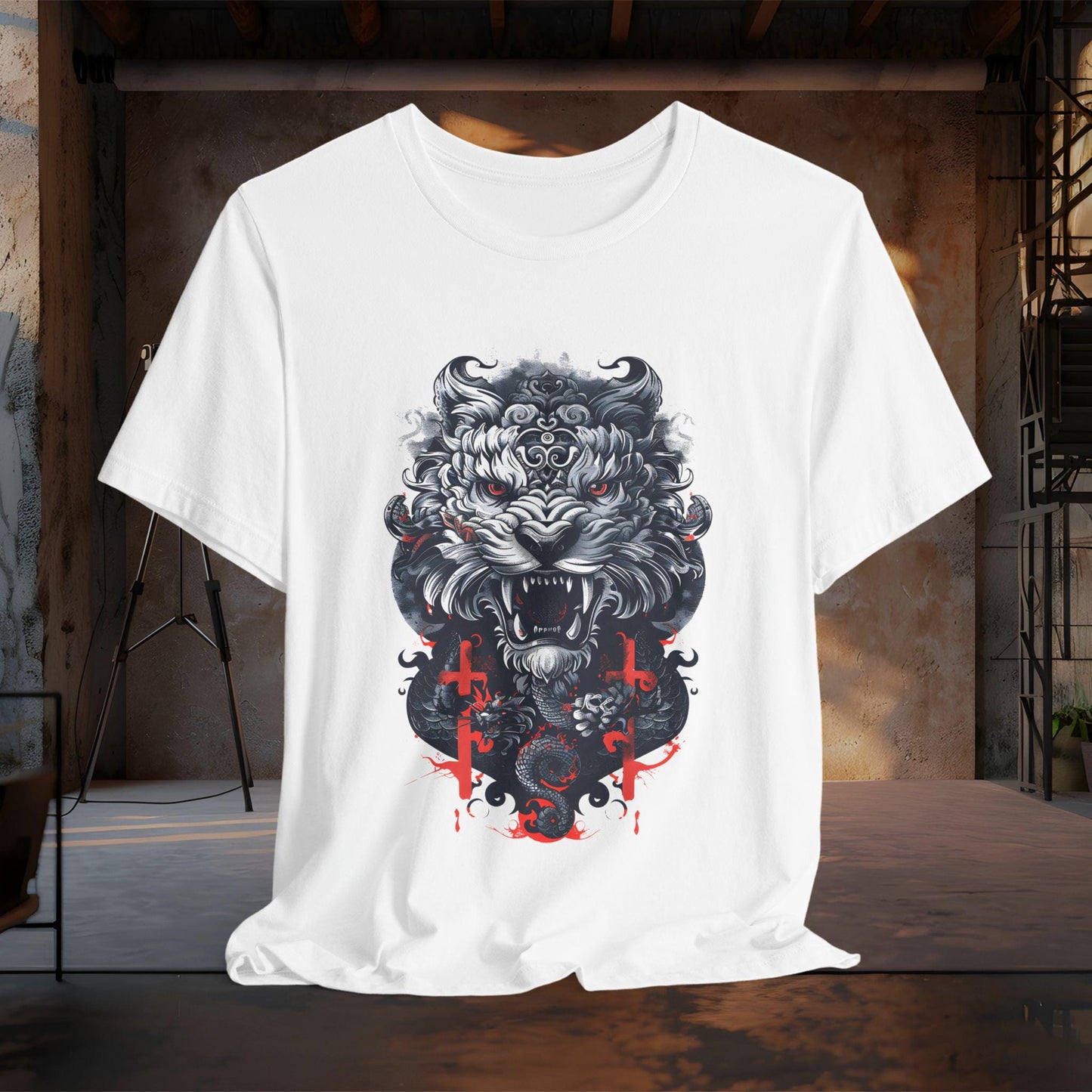Fierce Tiger Graphic Tee, Japanese Tiger and Dragon T-Shirt | Dark Gothic Samurai Shirt | Tattoo Style Tiger Graphic Tee