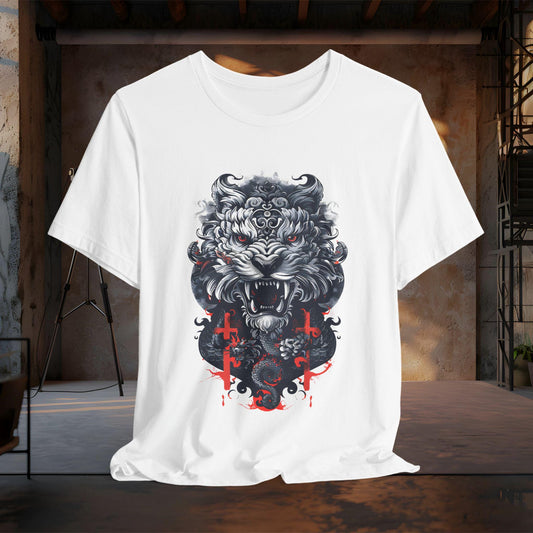Fierce Tiger Graphic Tee, Japanese Tiger and Dragon T-Shirt | Dark Gothic Samurai Shirt | Tattoo Style Tiger Graphic Tee