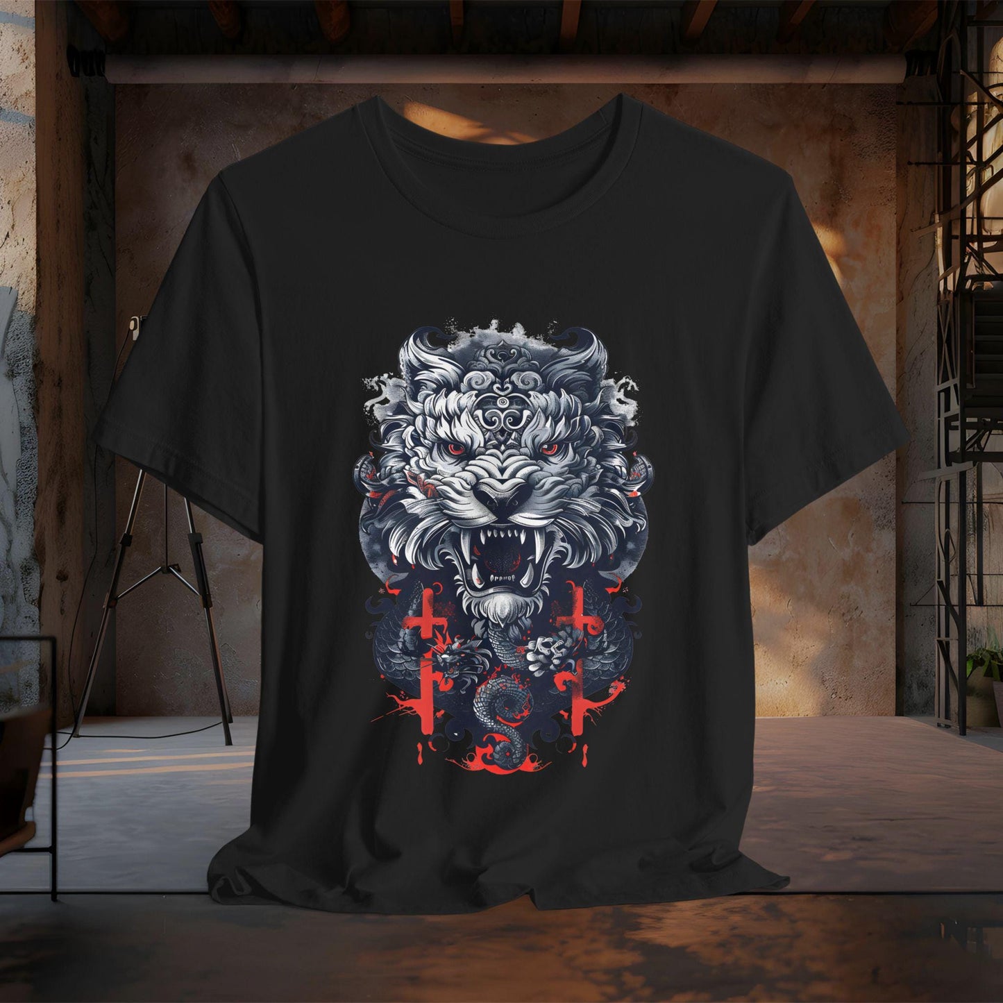 Fierce Tiger Graphic Tee, Japanese Tiger and Dragon T-Shirt | Dark Gothic Samurai Shirt | Tattoo Style Tiger Graphic Tee