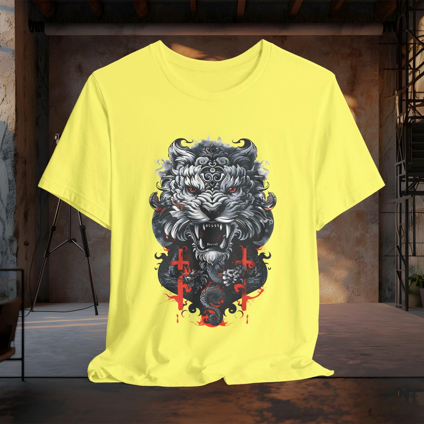 Fierce Tiger Graphic Tee, Japanese Tiger and Dragon T-Shirt | Dark Gothic Samurai Shirt | Tattoo Style Tiger Graphic Tee