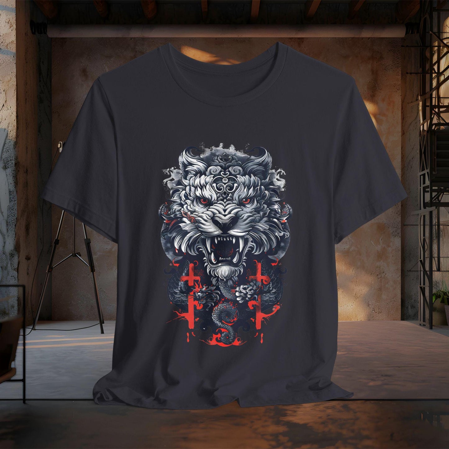 Fierce Tiger Graphic Tee, Japanese Tiger and Dragon T-Shirt | Dark Gothic Samurai Shirt | Tattoo Style Tiger Graphic Tee