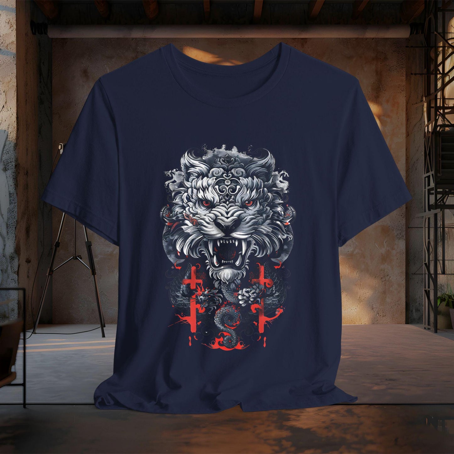 Fierce Tiger Graphic Tee, Japanese Tiger and Dragon T-Shirt | Dark Gothic Samurai Shirt | Tattoo Style Tiger Graphic Tee