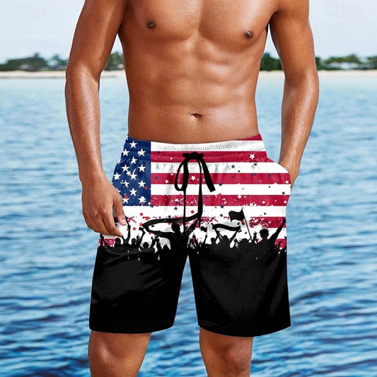 Independence Day Men's US Flag Patriotic Fourth of July Swim Trunks Swim Shorts Board Shorts Mid Waist Hawaiian Holiday Side Pockets Mesh Lining Elastic Drawstring Waist Designer Clothing Apparel