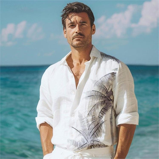 Men's Shirt Graphic Hawaiian Fashion Casual Linen Shirt Button Up Shirt Long Sleeve Daily Hawaiian Vacation Spring &  Fall Lapel Print White 55%Flax 45%cotton