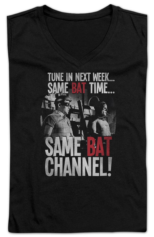 Ladies Same Bat Time Same Bat Channel Batman V-Neck Shirt