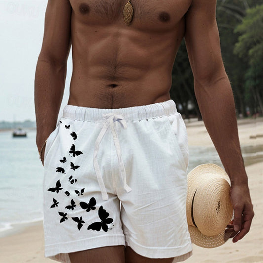 Men's Cotton Linen Shorts Summer Shorts Beach Shorts Drawstring Elastic Waist 3D Print Graphic Butterfly Breathable Soft Short Casual Daily Holiday Streetwear Hawaiian White Green Micro-elastic