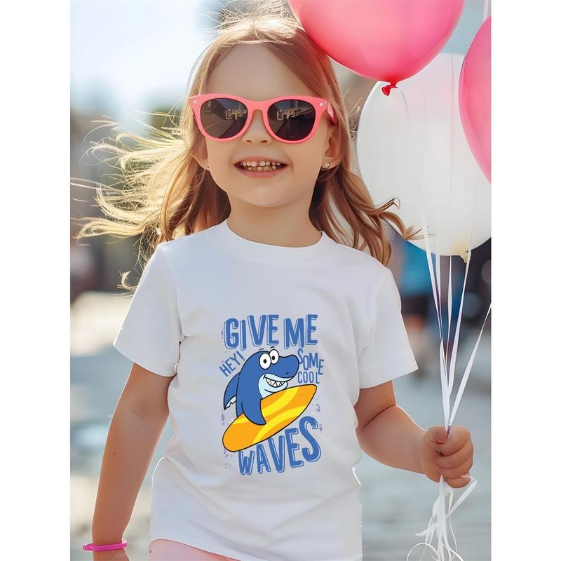 Kids' Cute Cartoon Shark "GIVE ME HELLO WAVES" Print T-Shirt - 100% Cotton, Round Neck, Short Sleeve, Versatile Knit Top...