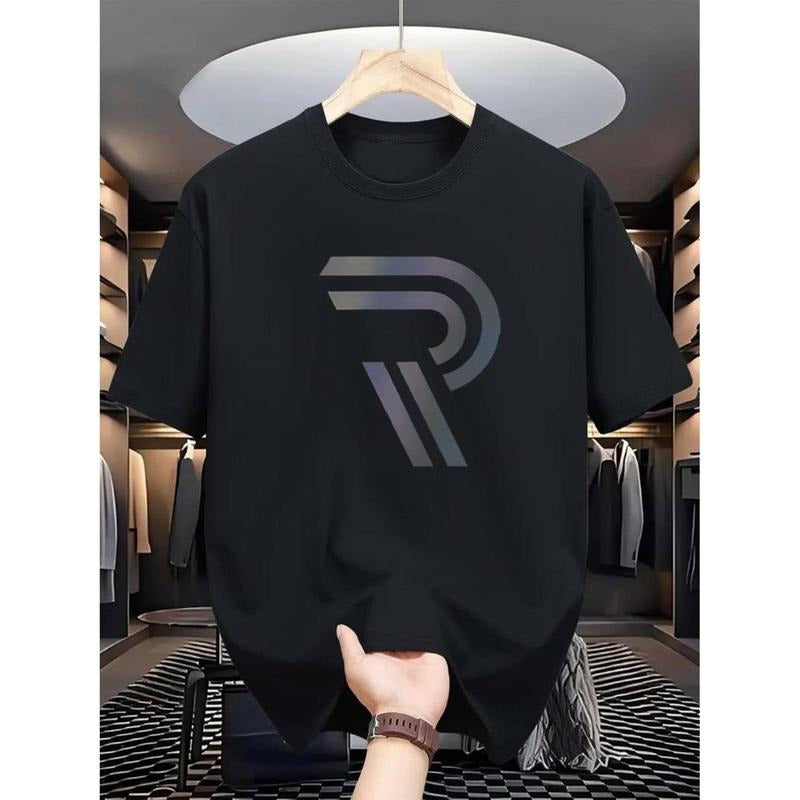 men gifts [Gradient Letter Print Tee] Summer Gradient Letter Print T-Shirt - Casual Crew Neck Polyester Knit Fabric